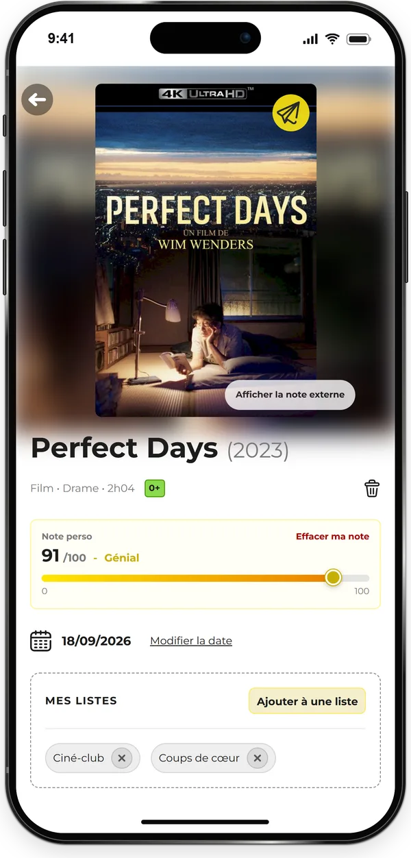 Une fiche Perfect Days dans Gemster avec la note externe masquée et la note personnelle visible.