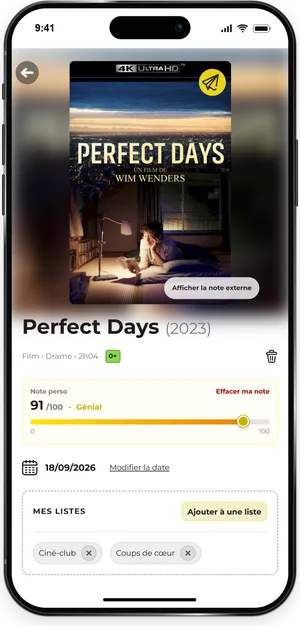 La fiche d’un film avec sa note publique externe masquée dans Gemster