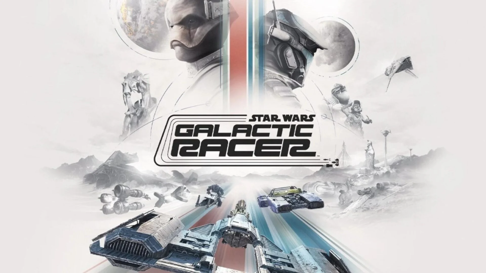 Visuel de Star Wars: Galactic Racer avec son pilote et plusieurs véhicules de course.