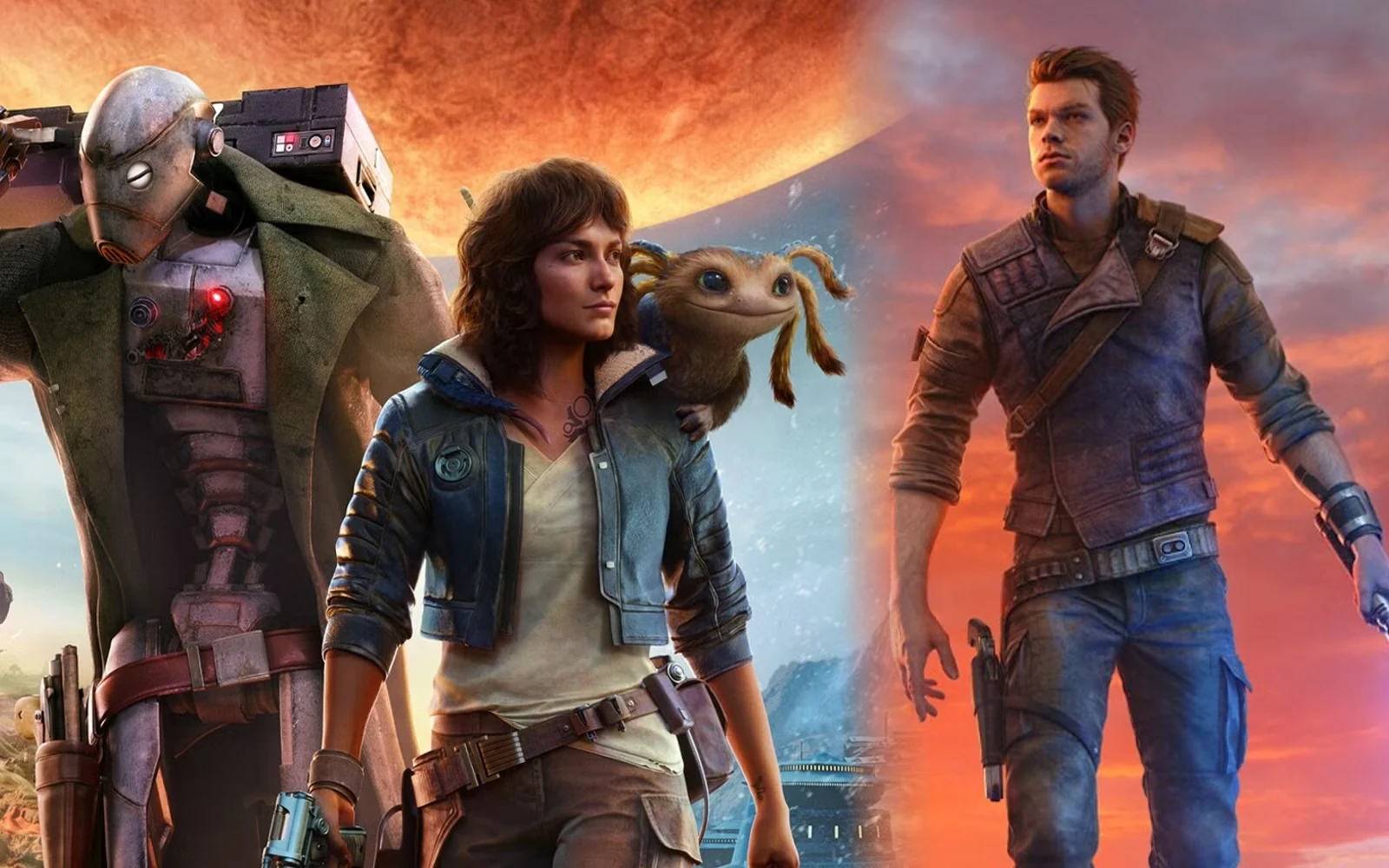 Montage réunissant Kay Vess et Nix de Star Wars Outlaws et Cal Kestis de Jedi: Survivor.