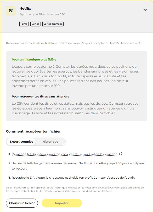 Carte d’import Netflix dans Gemster : comparaison du ZIP complet et du CSV, étapes de récupération et bouton de choix du fichier.